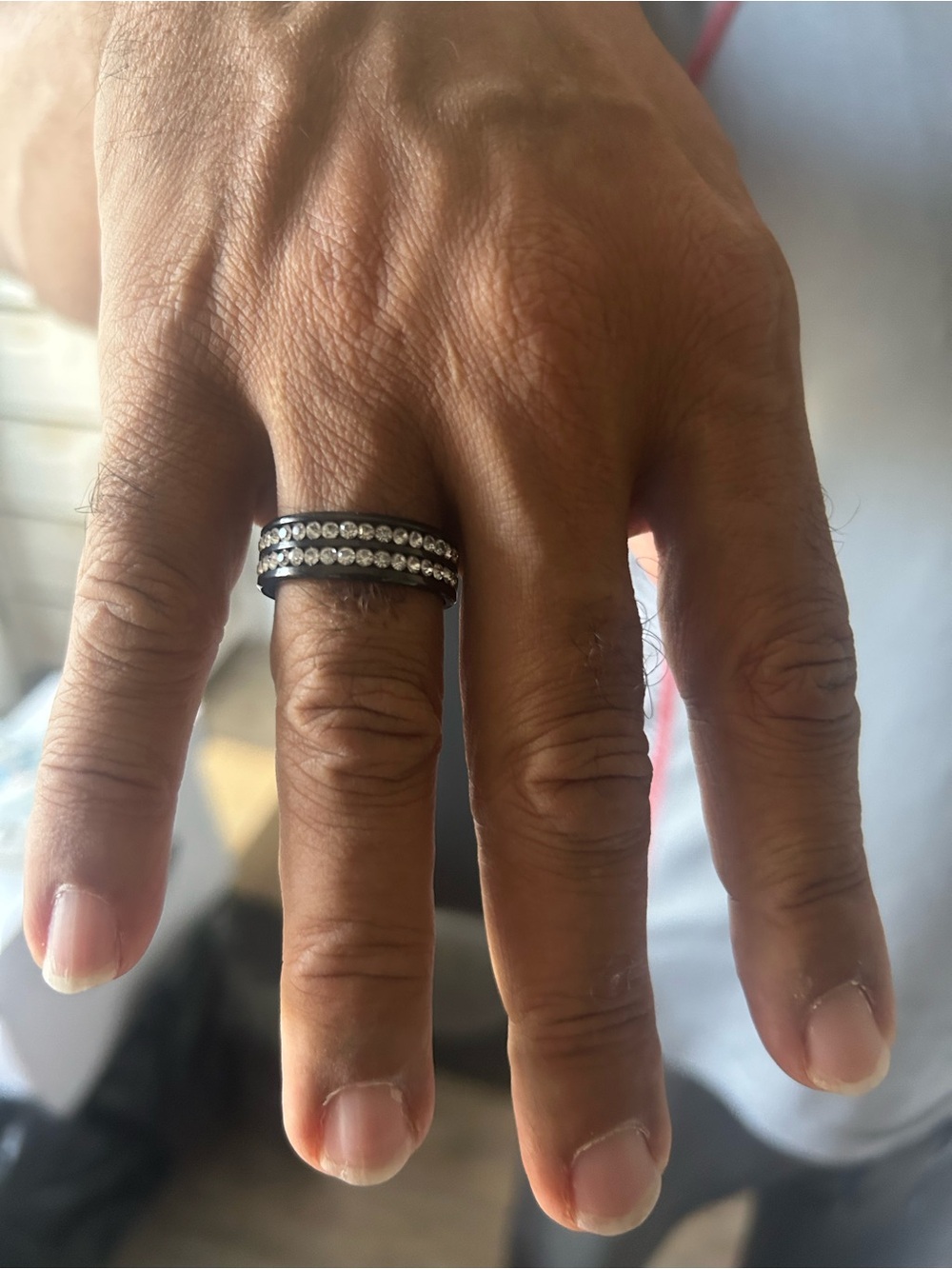Men's Black Leather Ring with Silver Crystal Accent
